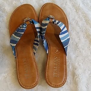 Blue/light blue/white strap tan sandals
